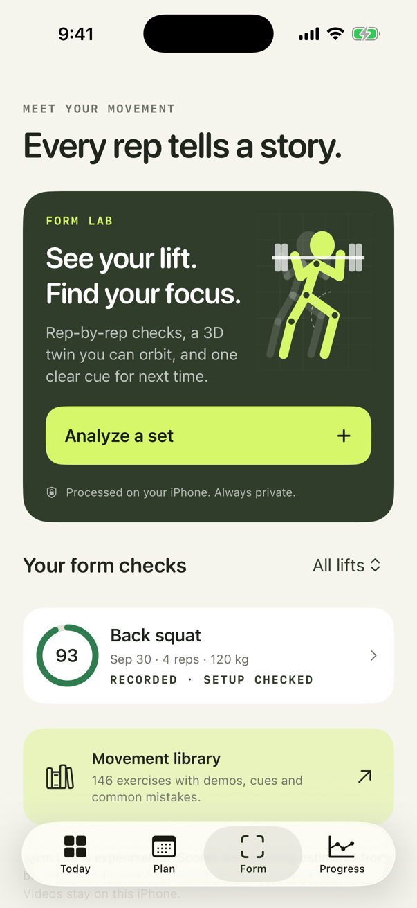 The Form screen: Form Lab, with a back squat form check scored 93.