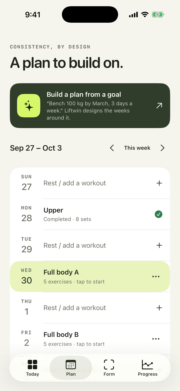 The Plan screen: a week of workouts, with a card to build a plan from a goal.