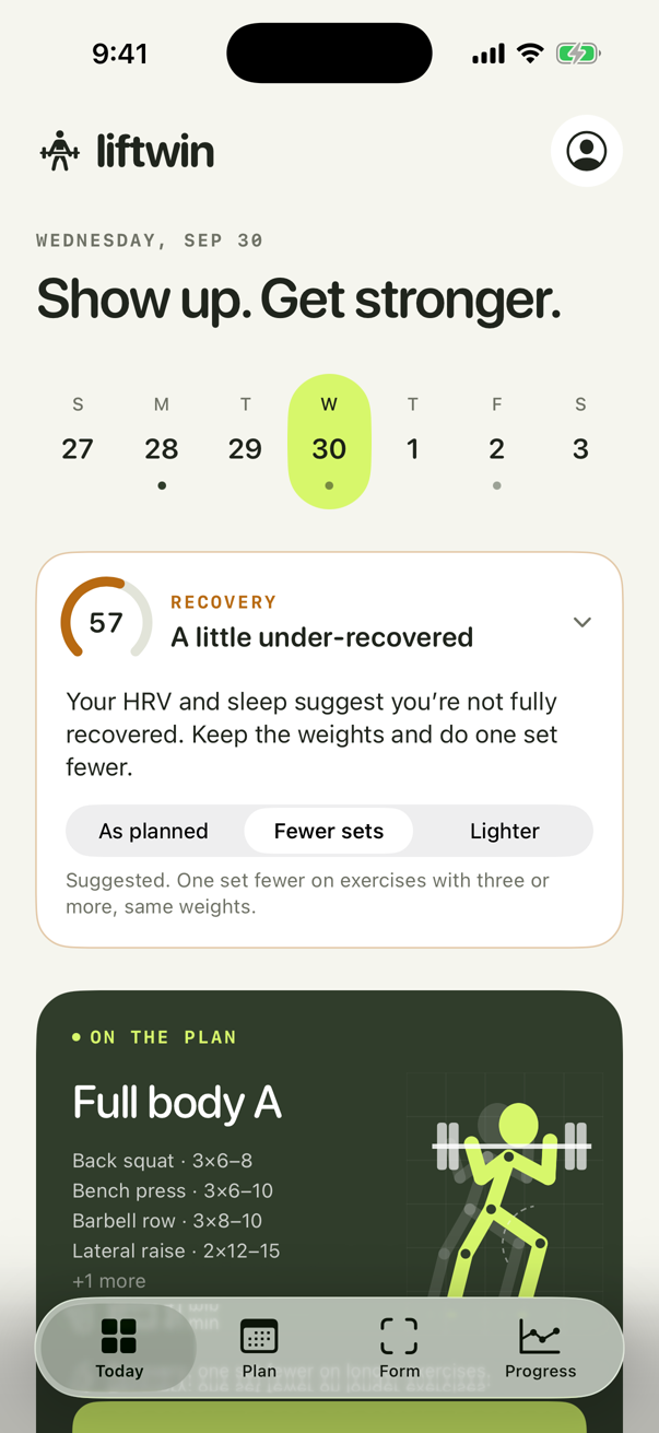 Liftwin's Today screen: a recovery check suggesting one set fewer, and today's planned Full body A workout.